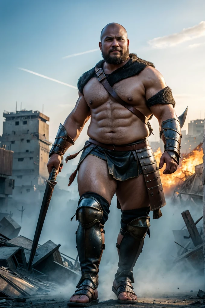 looking at us, shoot from front, face focus, Bandit, Fat ferocious barbarian:2, This barbarian is a robust stocky Japanese, smirking, mid combat, intense battle scene, leather and iron armor, armored short skirt, holding a Viking War Axes, viking helmet, legs exposed from thighs to feet, fierce warriors, ancient battlefields, epic showdown, battleground background, masterpiece, volumetric lighting, Dramatic, Uighur the Warden, breathtaking action, dynamic poses, bald, ((ultra sharp)), ((masterpiece)), ((best quality)), ((ultra detailed)), ((intricate details)), Inguinal region detailed, Dilapidated, breathtaking action, destroyed city after big air raids, fire, A desolate, post-apocalyptic cityscape, A brutal scene, lets out a yell, casting an ominous shadow,