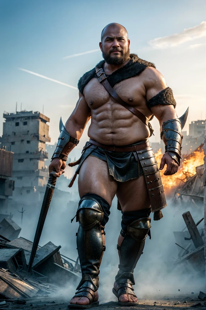 looking at us, shoot from front, face focus, Bandit, Fat ferocious barbarian:2, This barbarian is a robust stocky Japanese, smirking, mid combat, intense battle scene, leather and iron armor, armored short skirt, holding a Viking War Axes, viking helmet, legs exposed from thighs to feet, fierce warriors, ancient battlefields, epic showdown, battleground background, masterpiece, volumetric lighting, Dramatic, Uighur the Warden, breathtaking action, dynamic poses, bald, ((ultra sharp)), ((masterpiece)), ((best quality)), ((ultra detailed)), ((intricate details)), Inguinal region detailed, Dilapidated, breathtaking action, destroyed city after big air raids, fire, A desolate, post-apocalyptic cityscape, A brutal scene, lets out a yell, casting an ominous shadow,