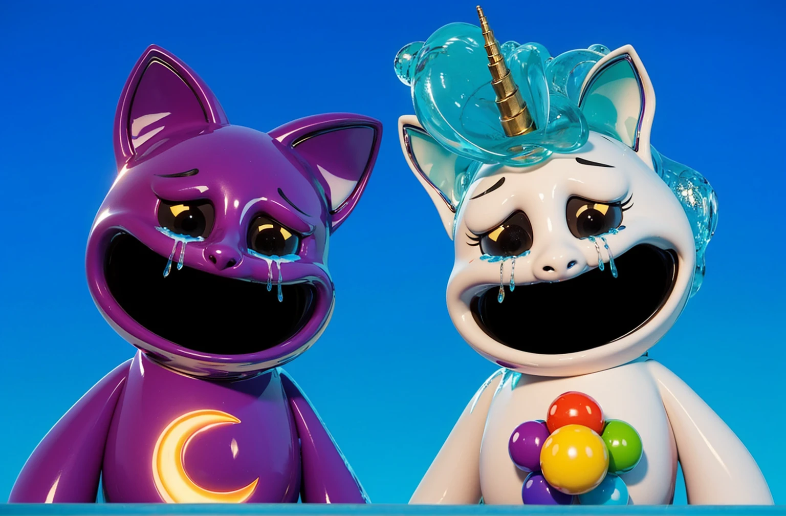 clouds, A 3D, glossy scene featuring two adorable latex-like purple cats with a shiny, plastic finish. The cats have large, expressive eyes and are positioned playfully on fluffy clouds in the night sky. The lighting is realistic, highlighting the glossy, reflective surfaces of the cats clouds and creating a vibrant, magical atmosphere. The overall clouds effect is smooth and polished, with the latex clouds and plastic textures enhancing the whimsical and lifelike appearance of the characters. cloudscartoon keyframe rendering, cute 3D rendering,,Create ultra sharp цветной рендеринг zbrush. perfect cgi, cgi art created only with gradients, smooth silhouette, Create ultra sharp skin, high intensity refraction, (plastic material), most beautiful vfx, blue background, plastic refractions, glossy texture, smooth 3d model, multiple light sources, rim light, sharp post effects render, (glossy plastic texture with multiple big light probe refractions), perfect cgi, cgi art created only with gradients, smooth silhouette, high intensity refraction, (plastic material), most beautiful vfx, blue background