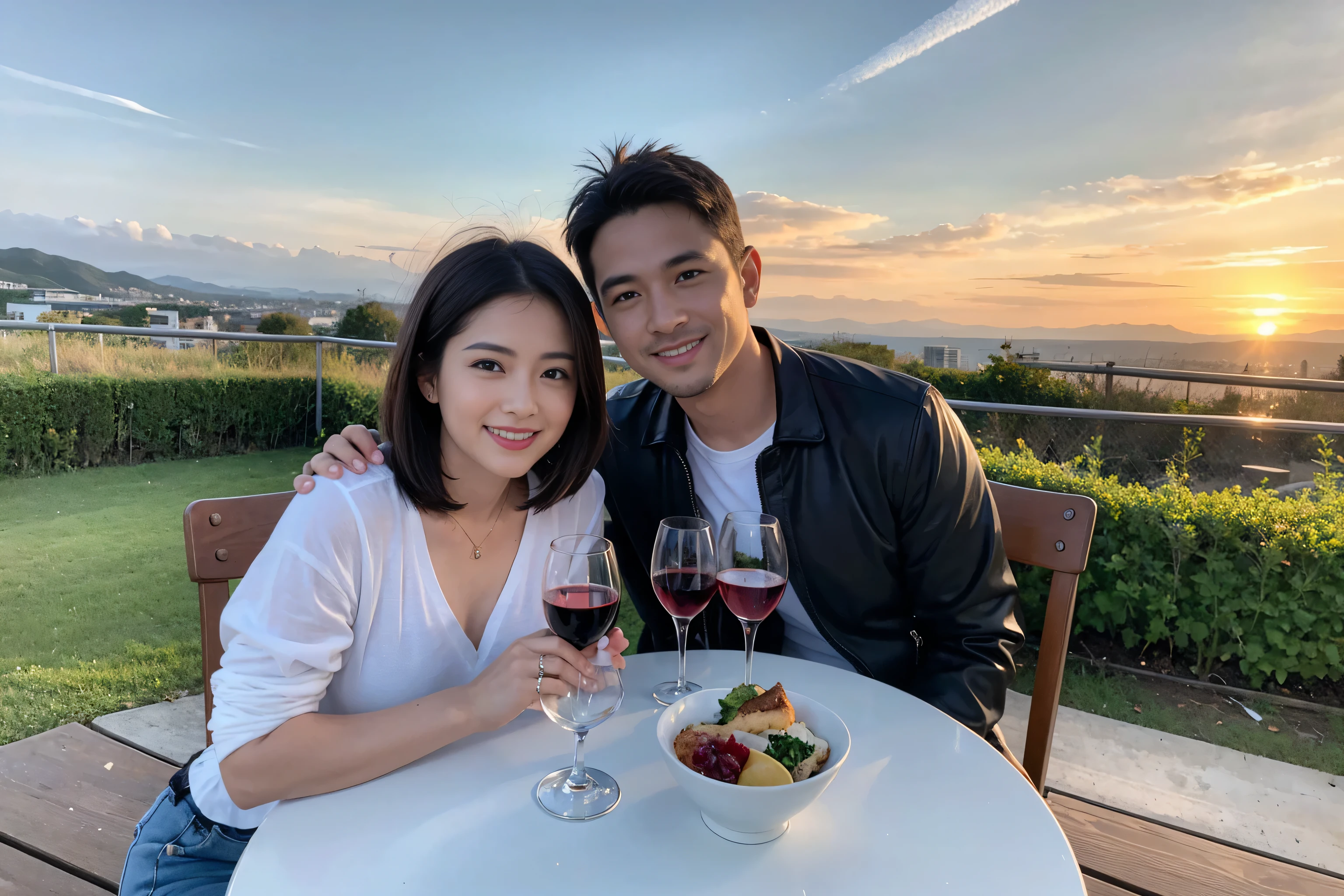 ((highest quality、8k、masterpiece:1.3))、 (Genuineistic, Genuine、Bright image、Intricate details:1.2), The best smile 1 man 1 woman、Beautiful Couple、spouse、Couple、spouse、actress、Model Couple、smile、full-course dinner、 (Slim face), (the body is slim), (Brown Hair), (short hair), Wine glass on the table、Please shine a light on my face、 Amazing view of the sunset sky and clouds、 (Age 35), 39 years old, red wine 、Appetizers、Wine bottle、sparkling wine、Long sleeve shirt、dress、White wine, red wine, wine glass,