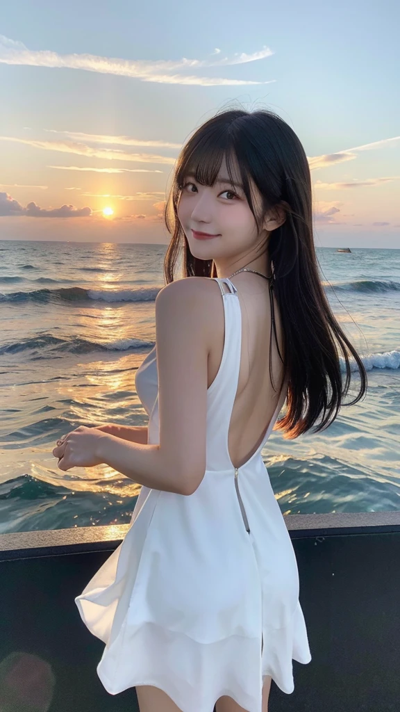 (top-quality,8K,​masterpiece:1.3),(超A high resolution,Photorealsitic:1.4,RAW shooting),(ultra-detailliert,Caustics,perfect anatomia),(hyper detailed background,Ultra-realistic capture,beautifully detailed eyes),Stand on the pier above the sea,turned around,Backshots,Looking at the camera,1 girl,japanes,20yr old,kawaii,smil,pretty black hair,Long hair fluttering in the wind,White Dress,BREAK,beautiful ocean,,at the sunset,Sunset sky,(Sunset over the horizon),Water surface reflecting the setting sun,Magic Hour,Back lighting,The dim,pale light