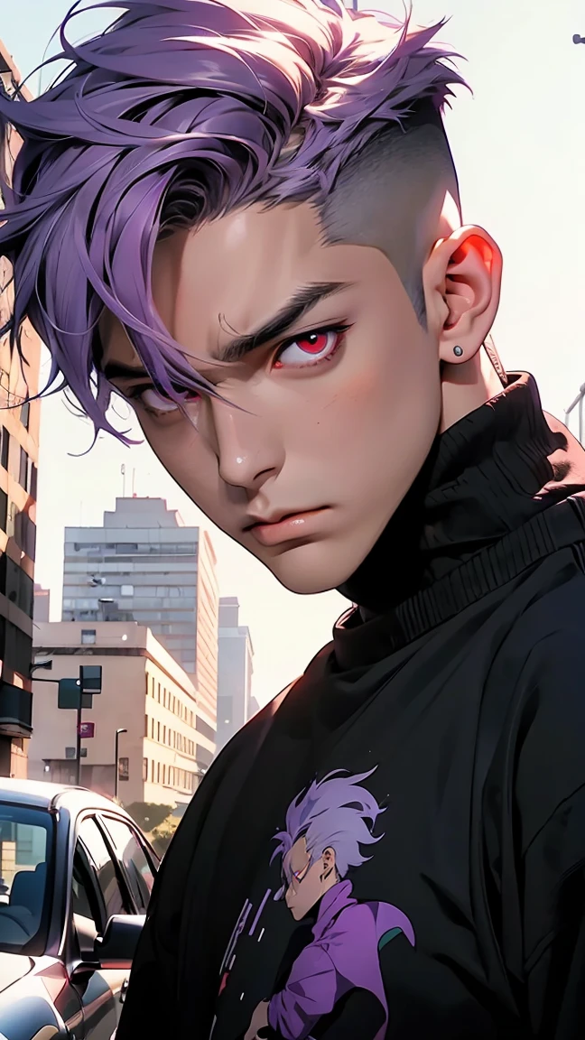 highest quality, 8K, high resolution image, anime style Jujutsu Kaisen, (Cell of Empireo/Seodoa Riddle), detailed strokes, bored look , blurred, purple light reflecting from it, (close angle), 1 man, young, male, model, hand in pocket, cool guy, multicolored Background with various geometric shapes, around stickers, muscular, light purple hair, spiky hair ,swollen chest, Red Eyes, withe shirt, black sweater, sweatpants,
Background: big City, Streets, Park, People, blue sky, Cars, Bike
