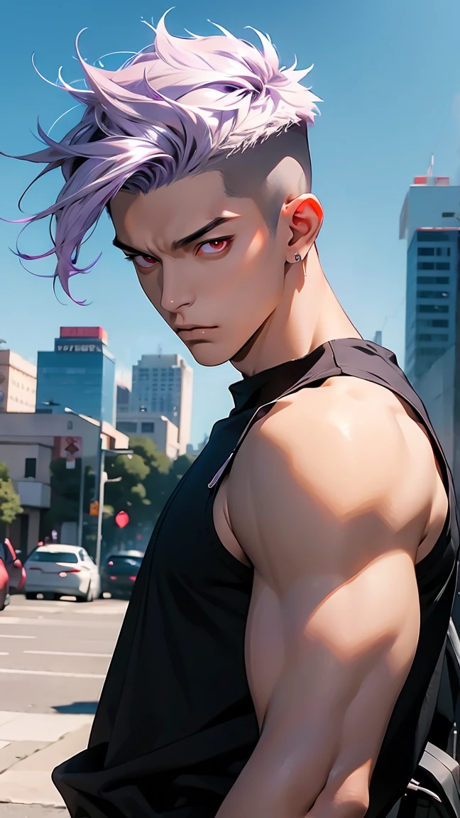 highest quality, 8K, high resolution image, anime style Jujutsu Kaisen, (Cell of Empireo/Seodoa Riddle), detailed strokes, bored look , blurred, purple light reflecting from it, (close angle), 1 man, young, male, model, hand in pocket,  cool guy, multicolored Background with various geometric shapes, around stickers, muscular, light purple hair, spiky hair ,swollen chest, Red Eyes, withe shirt, black sweater, sweatpants,
Background: big City, Streets, Park, People, blue sky, Cars, Bike