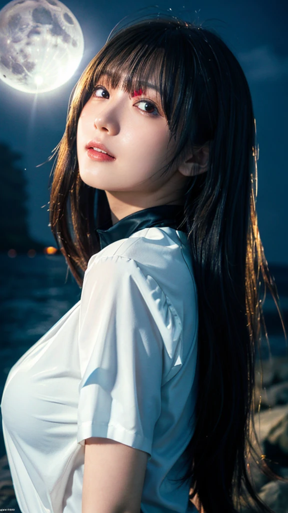 (highest quality,masterpiece:1.3,ultra high resolution),(Super detailed,caustics,8k),(photorealistic:1.4,RAW shooting),(night),(Night Sky),(starry sky),(full moon),(beach),(A girl looking up at the full moon),sit,20-year-old,cute,Japanese,black long hair,strong wind,(hair blowing in the wind),(white blouse),(big breasts),Natural light,moonlight,(side shot),(bust up shot),(low position),(Low - Angle)