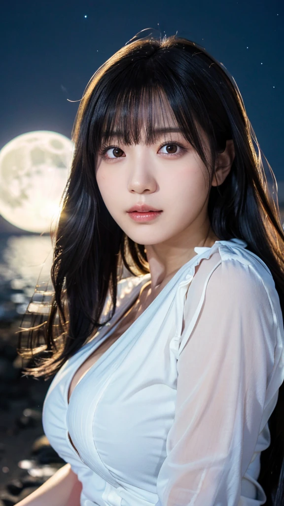 (highest quality,masterpiece:1.3,ultra high resolution),(Super detailed,caustics,8k),(photorealistic:1.4,RAW shooting),(night),(Night Sky),(starry sky),(full moon),(beach),(A girl looking up at the full moon),sit,20-year-old,cute,Japanese,black long hair,strong wind,(hair blowing in the wind),(white blouse),(big breasts),Natural light,moonlight,(side shot),(bust up shot),(low position),(Low - Angle)