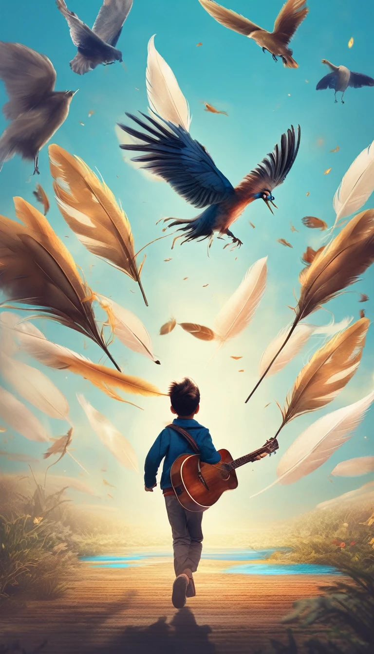 Create a professional, fantastic, cinematic Youtube Banner for a brand about music and stories called " Penamemoria". Masterpiece, 4k, sharp focus, highest quality,wide shot. Imagine a half a feather, half a fantasy boy. The title is " Penamemoria". Is a brand about the creative, unique journey of a boy into becoming a musician storyteller. In his journey he finds inspiration in a world of birds and feathers. Minimalistic, simple, poetic, dreamy logotype at the center of the image. The Background image is a world full of fantastic feathers, unique birds, light blue sky, and a boy running happily into the horizon with an acoustic guitar in his right hand. Boy running against the wind, almost simulating like he is flying