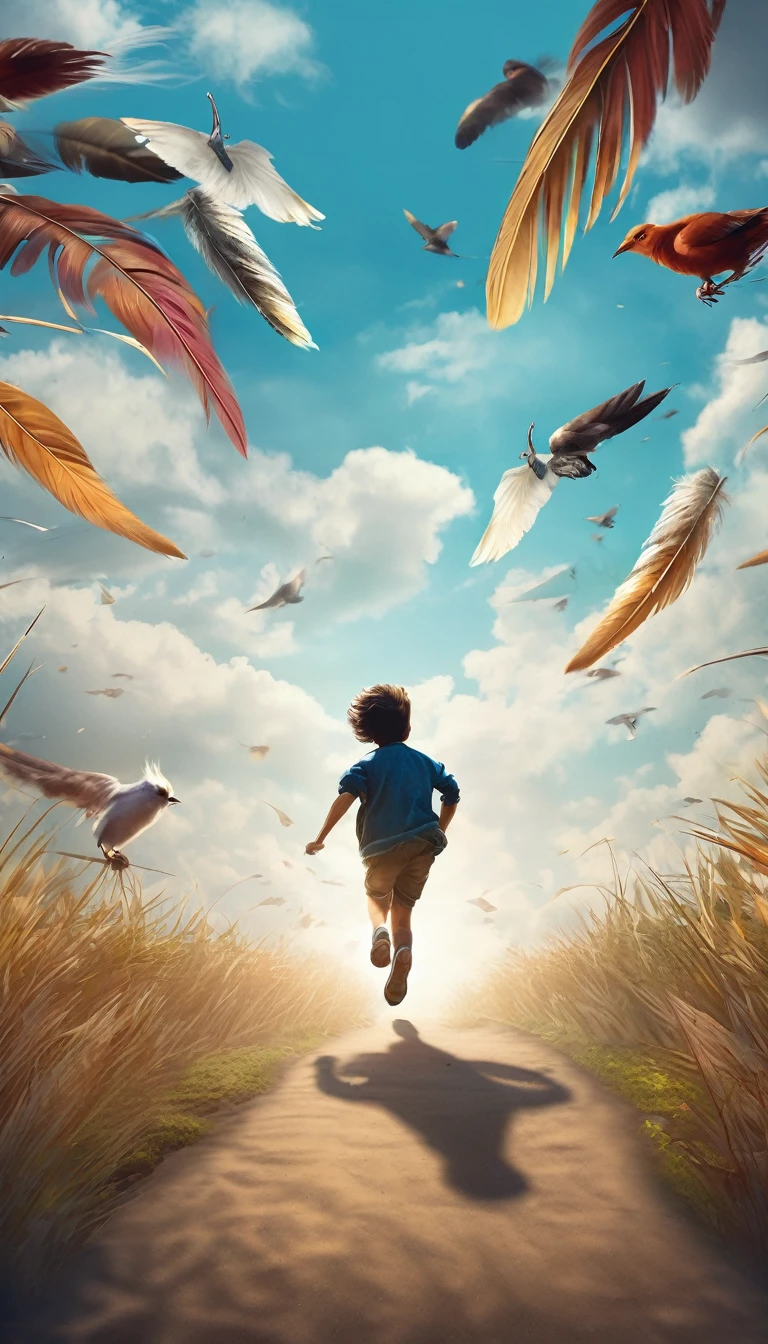 Create a professional, fantastic, cinematic Youtube Banner for a brand about music and stories called " Penamemoria". Masterpiece, 4k, sharp focus, highest quality,wide shot. Imagine a half a feather, half a fantasy boy. The title is " Penamemoria". Is a brand about the creative, unique journey of a boy into becoming a musician storyteller. In his journey he finds inspiration in a world of birds and feathers. Minimalistic, simple, poetic, dreamy logotype at the center of the image. The Background image is a world full of fantastic feathers, unique birds, light blue sky, and a boy running happily into the horizon with an acoustic guitar in his right hand. Boy running against the wind, almost simulating like he is flying