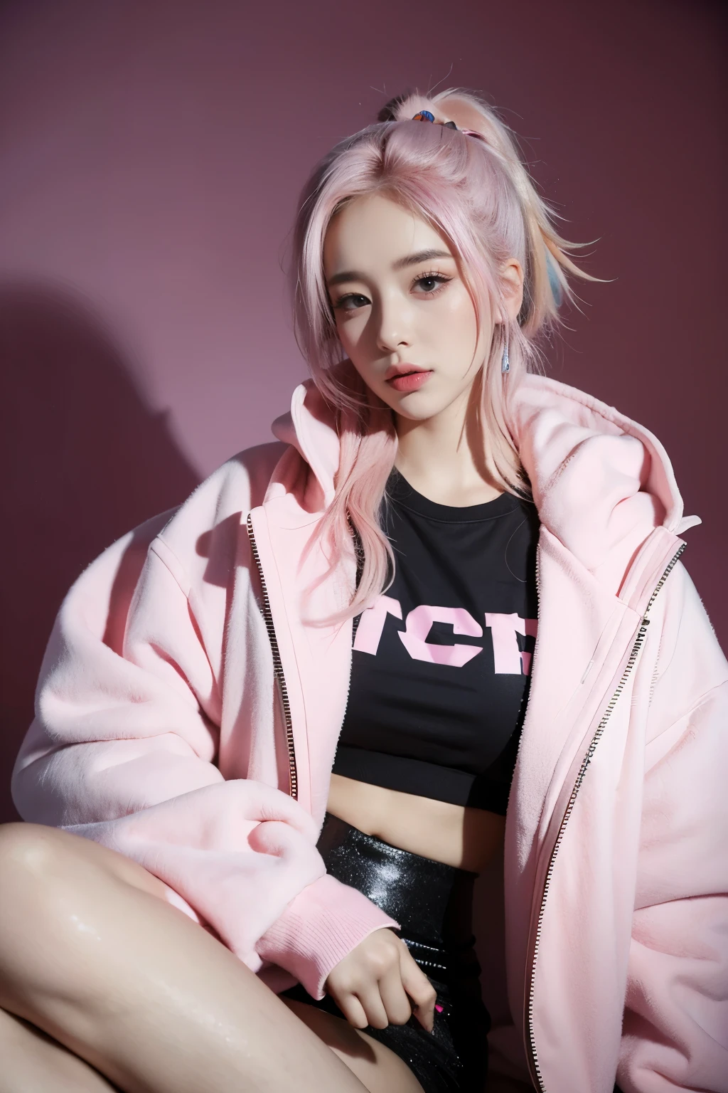 tmasterpiece,Best quality,A high resolution,8K,(Portrait photograph:1.5),(Whole body),(ROriginal photo),real photograph,digital photography, woman with pink hair sitting in a chair in front of a tv, ava max, gamer aesthetic, e-girl, e - girl, thicc, pink vibe, wearing a pastel pink hoodie, with pink hair, cyberpunk vibes, wearing a pink hoodie, cyber punk setting, pink girl, in cyberpunk style, muted cyberpunk style, alexa grace