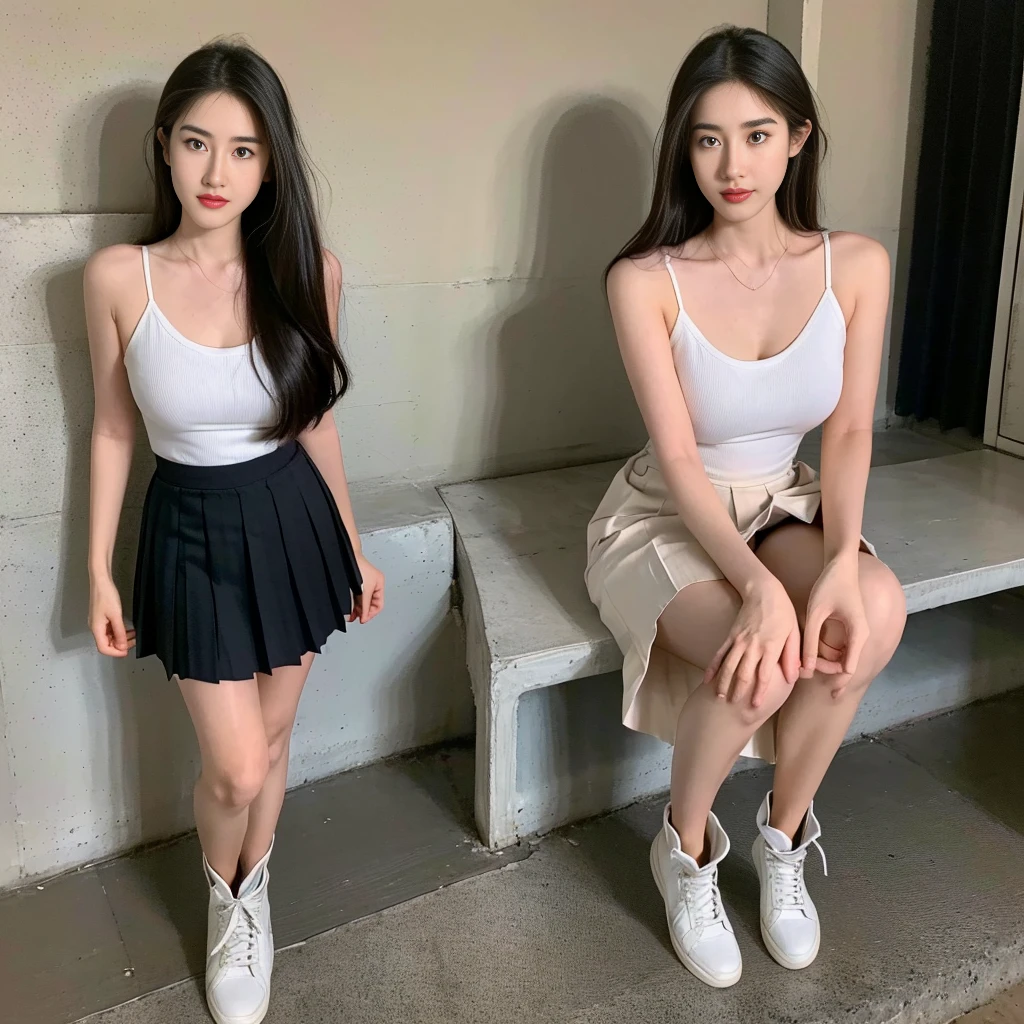 (Oversized T-shirt with excess fabric when tucked into a skirt), (Skirt full thigh), (knee-length outfit), (hair curled on both sides), (center shoes shot), ((full-body standing image)), (cover knee), (white t shirt), (Scottish pleated skirt), (bare shoulders), (bare arms), twinsies、The ultra-detailliert, (white t shirt), (cotton spaghetti-strap top), (cotton spaghetti-strap top), (cotton spaghetti-strap top), (cotton spaghetti-strap top), (long skirt), (A hem full flared skirt), (Hem full flared dress), (a girl pretty girl with perfect figure), (a photo of the night sky), (32K,1 20-year-old girl, The light from the rear room is backlit, Ray traching), (full body), (two-parted hair), (very thick hair), (Slender chest), (short upper chest), (pectoral muscles are large), (upper breasts are firm and round), (stand upright), (two shoe ends), (two shoe toes) ,(put on blush), (apply powder), (makeup), (standing), (asian girl princess), (Black non-reflective fabric for making skirt), (dark skirt), (thick thighs), (large calves), (large knees), (one-piece skirt), (seamless skirt), (long shins) , (big shins), (A hem full flared skirt), (Hem full flared dress), (A hem full flared skirt), (thighs meets knee), (black skirt), (black skirt), (black skirt), (black skirt), (knee gap), (knee gap), (knee gap), (Expose cleavage :1.3), (Scottish pleated midi skirt) (Super fine face and eyes), (Highly detailed face and skin texture, Detailed eyes, Double eyelid), (stading shot), (stading shot), , (Scottish pleated midi skirt), (Scottish pleated midi skirt), (knee-length outfit), (knee-length outfit), (knee-length outfit), (knee-length outfit), (Skirt full thigh), (Skirt full thigh), , (white sneakers), (a pair of white leather boots, highly detailed boots)
