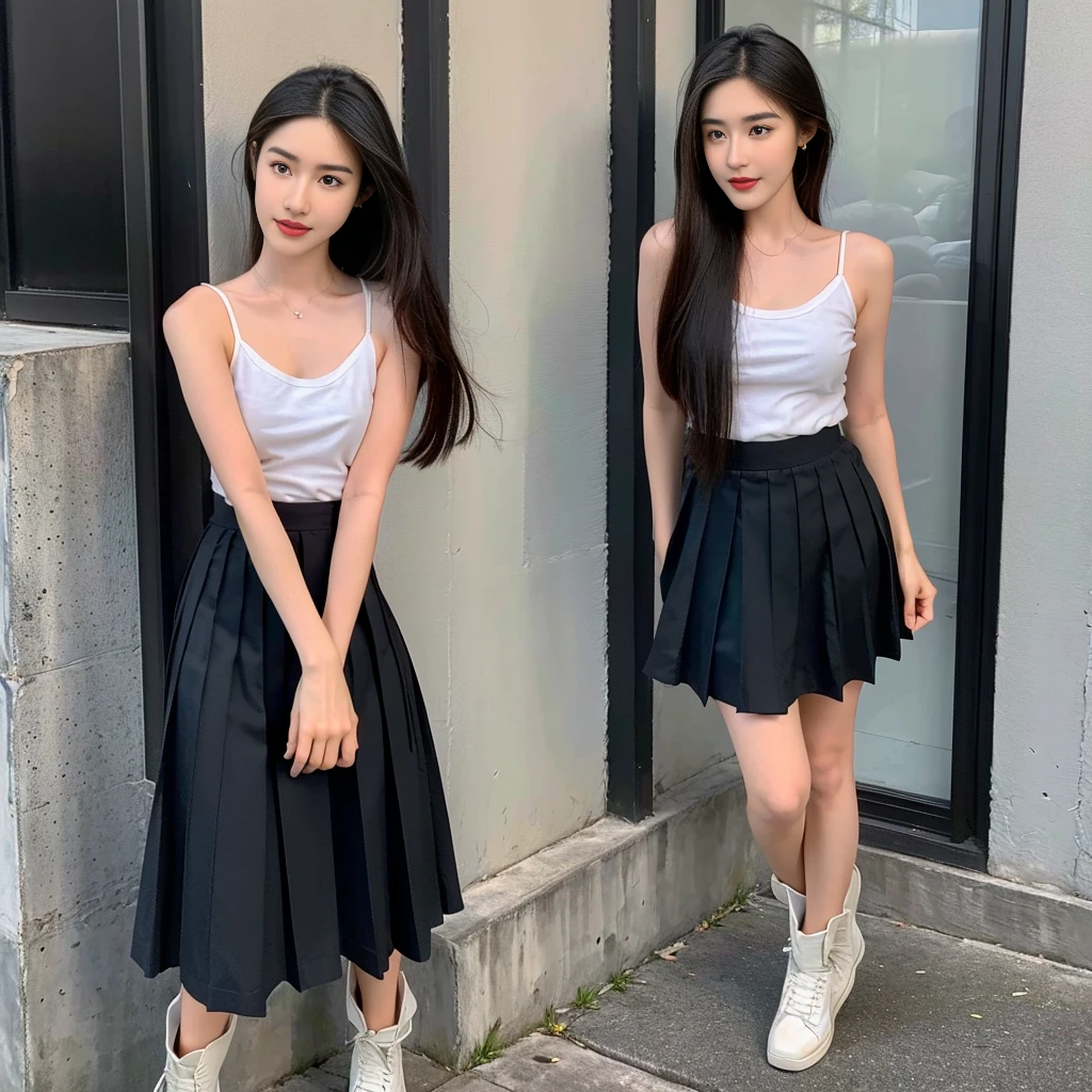 (Oversized T-shirt with excess fabric when tucked into a skirt), (Skirt full thigh), (knee-length outfit), (hair curled on both sides), (center shoes shot), ((full-body standing image)), (cover knee), (white t shirt), (Scottish pleated skirt), (bare shoulders), (bare arms), twinsies、The ultra-detailliert, (white t shirt), (cotton spaghetti-strap top), (cotton spaghetti-strap top), (cotton spaghetti-strap top), (cotton spaghetti-strap top), (long skirt), (A hem full flared skirt), (Hem full flared dress), (a girl pretty girl with perfect figure), (a photo of the night sky), (32K,1 20-year-old girl, The light from the rear room is backlit, Ray traching), (full body), (two-parted hair), (very thick hair), (Slender chest), (short upper chest), (pectoral muscles are large), (upper breasts are firm and round), (stand upright), (two shoe ends), (two shoe toes) ,(put on blush), (apply powder), (makeup), (standing), (asian girl princess), (Black non-reflective fabric for making skirt), (dark skirt), (thick thighs), (large calves), (large knees), (one-piece skirt), (seamless skirt), (long shins) , (big shins), (A hem full flared skirt), (Hem full flared dress), (A hem full flared skirt), (thighs meets knee), (black skirt), (black skirt), (black skirt), (black skirt), (knee gap), (knee gap), (knee gap), (Expose cleavage :1.3), (Scottish pleated midi skirt) (Super fine face and eyes), (Highly detailed face and skin texture, Detailed eyes, Double eyelid), (stading shot), (stading shot), , (Scottish pleated midi skirt), (Scottish pleated midi skirt), (knee-length outfit), (knee-length outfit), (knee-length outfit), (knee-length outfit), (Skirt full thigh), (Skirt full thigh), , (white sneakers), (a pair of white leather boots, highly detailed boots)