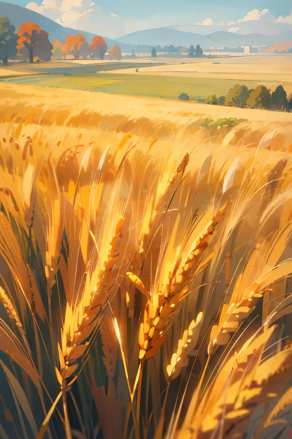 Wheat fields in autumn,A beautiful illustration art,Anime style,Cute illustration