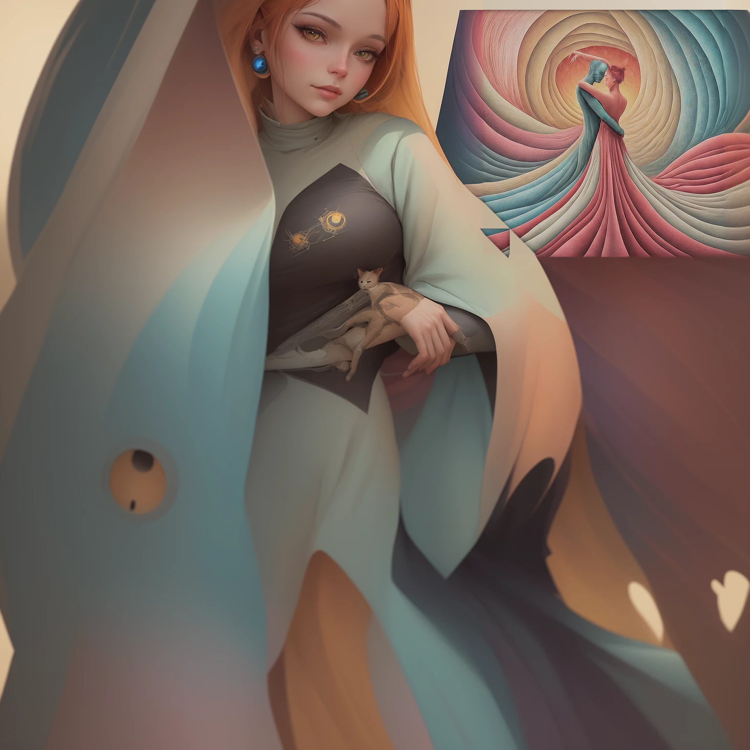 painting of a woman in a colorful dress with a cat in her arms, beeple and jeremiah ketner, sergey zabelin, yuri shwedoff and tom bagshaw, shaun tan and peter mohrbacher, beeple and james jean, james jean andrei riabovitchev, beeple and tim hildebrandt, by Alexander Kucharsky