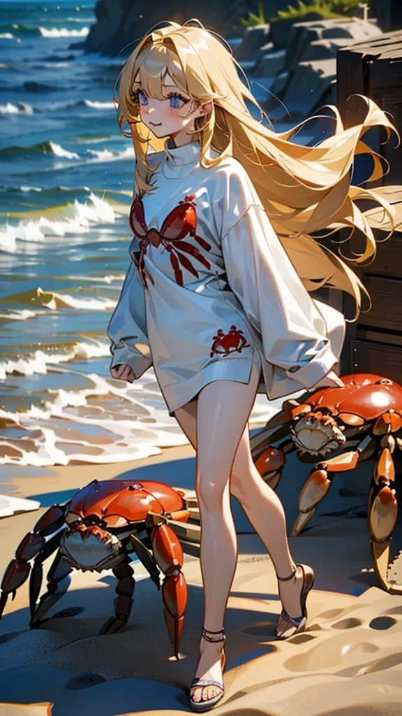 (A cute girl with long hair walking with a crab)
(A long-haired blonde girl walking around with a crab)