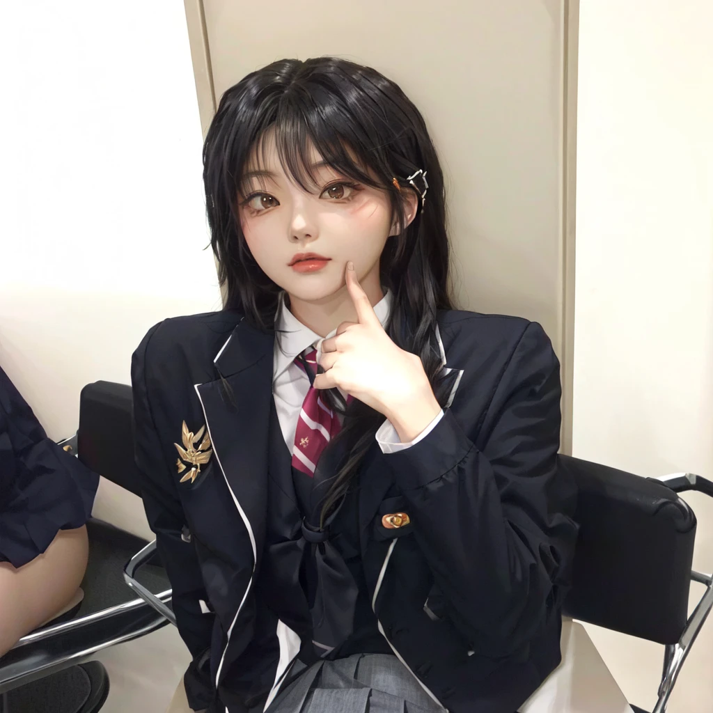 there is a woman sitting in a chair with a tie on, seifuku, chiho, shikamimi, tzuyu from twice, jk uniform, with index finger, jaeyeon nam, shiori teshirogi, sui ishida with black hair, kimi takemura, yuuka kazami, junko enoshima, korean idol