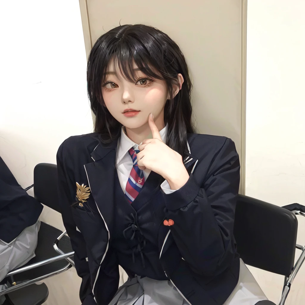 there is a woman sitting in a chair with a tie on, seifuku, chiho, shikamimi, tzuyu from twice, jk uniform, with index finger, jaeyeon nam, shiori teshirogi, sui ishida with black hair, kimi takemura, yuuka kazami, junko enoshima, korean idol