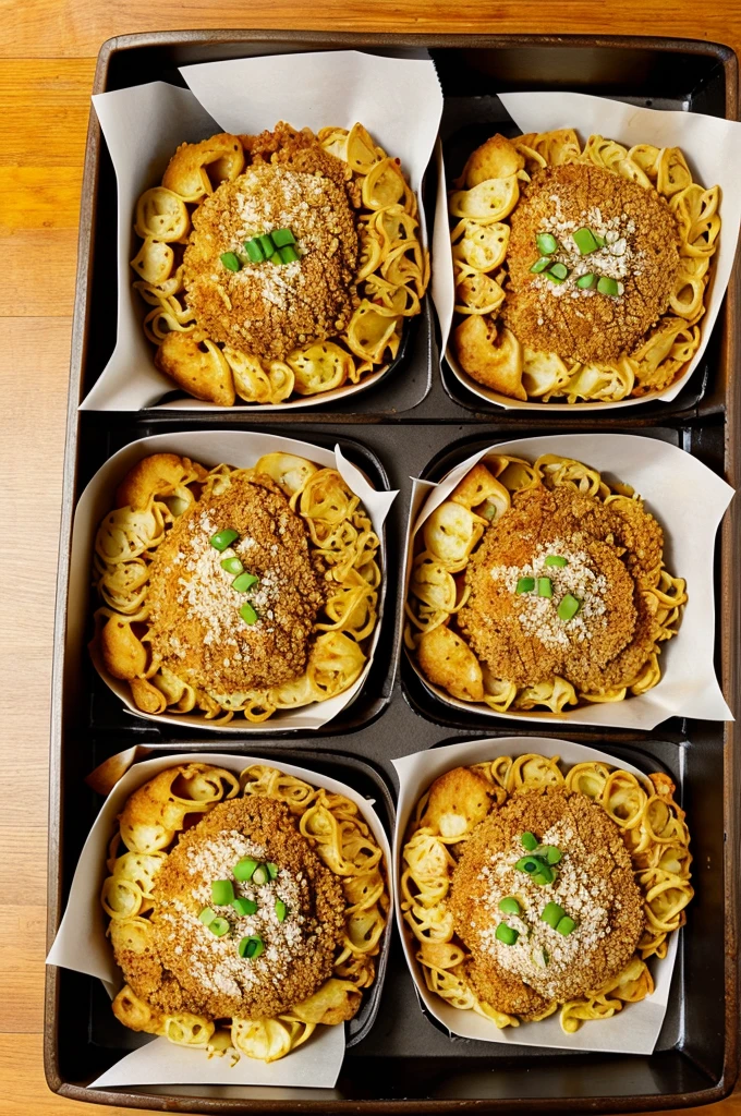 Create an image of a box of momos with a crispy breading similar to KFC-style fried chicken. The momos should be golden brown and look crunchy on the outside, with a tempting, delicious appearance. The box can be a classic takeout container, and the setting should make the food look appetizing and ready to eat."