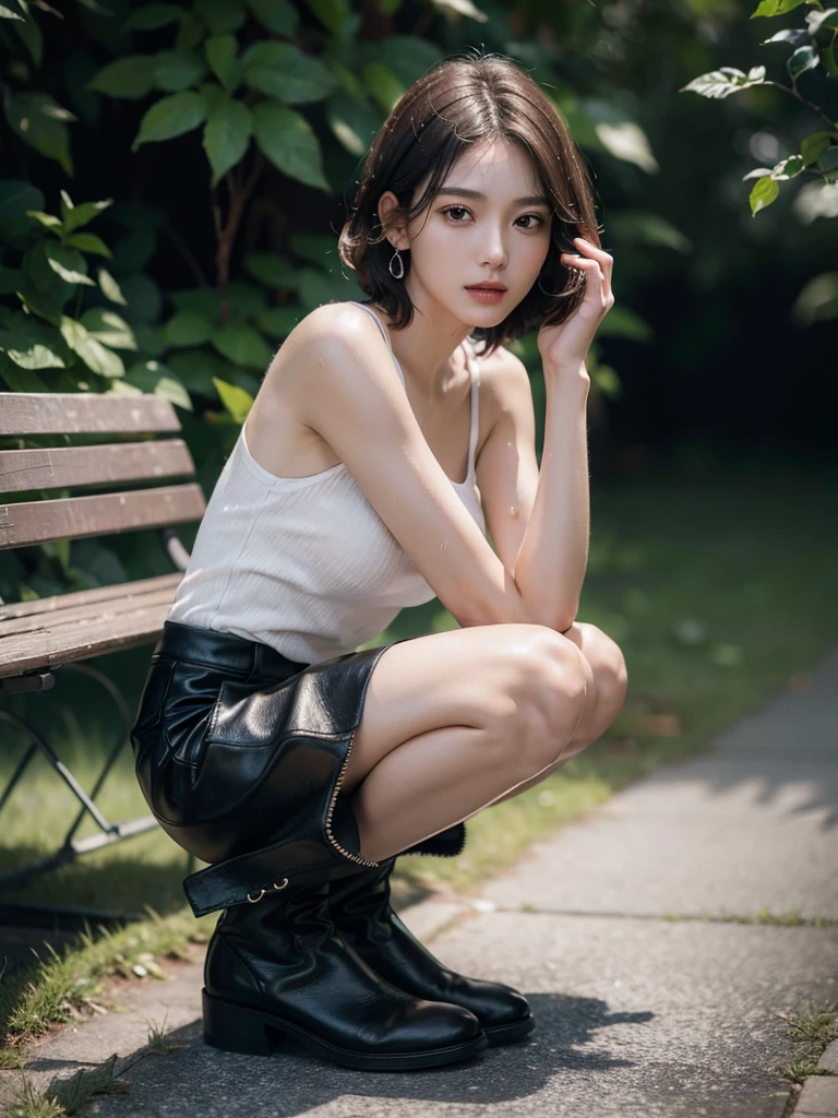 (absurdres, RAW photo, extremely delicate and beautiful, masterpiece, Best Quality, ultra high resolution, 16k, hyperrealistic, ultra-detailed, perfect anatomy, super Detailed skin, perfect figure:1.2), Very detailed CG 8k wallpaper, in her 20s, very Slim body, narrow waist, very small head, very small face, delicate facial features, tearful mole, earring, thin legs, (very huge round breasts:1.1), full body shot, 1 girls, short hair, wavy hair, wet, (t-shirt:1.1), BREAK leather skirt, sleeveless, (long boots:1.1),