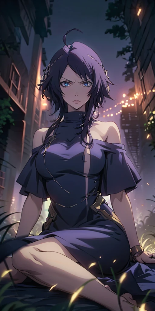 MC, ahoge, (long hari, purple hair:1.3), hair ornament, dark-blue eyes, breasts, epic art, fantasy, 1girl, grass, solo, barefoot, sitting, breasts, mountain, sunset, dress, bare_shoulders, outdoors, looking_at_viewer, off_shoulder, field, sky, lake, collarbone, mountainous_horizon, indian_style, stairs, twilight, tree, black_dress, large_breasts, scenery, medium_breasts, feet, off-shoulder_dress, (bokeh:1.3), rock, hollow eyes, bright pupils, dark-blue eyes, looking at viewer. (glowing eyes:1.3), heavy breathing, expressionless, glaring eyes,