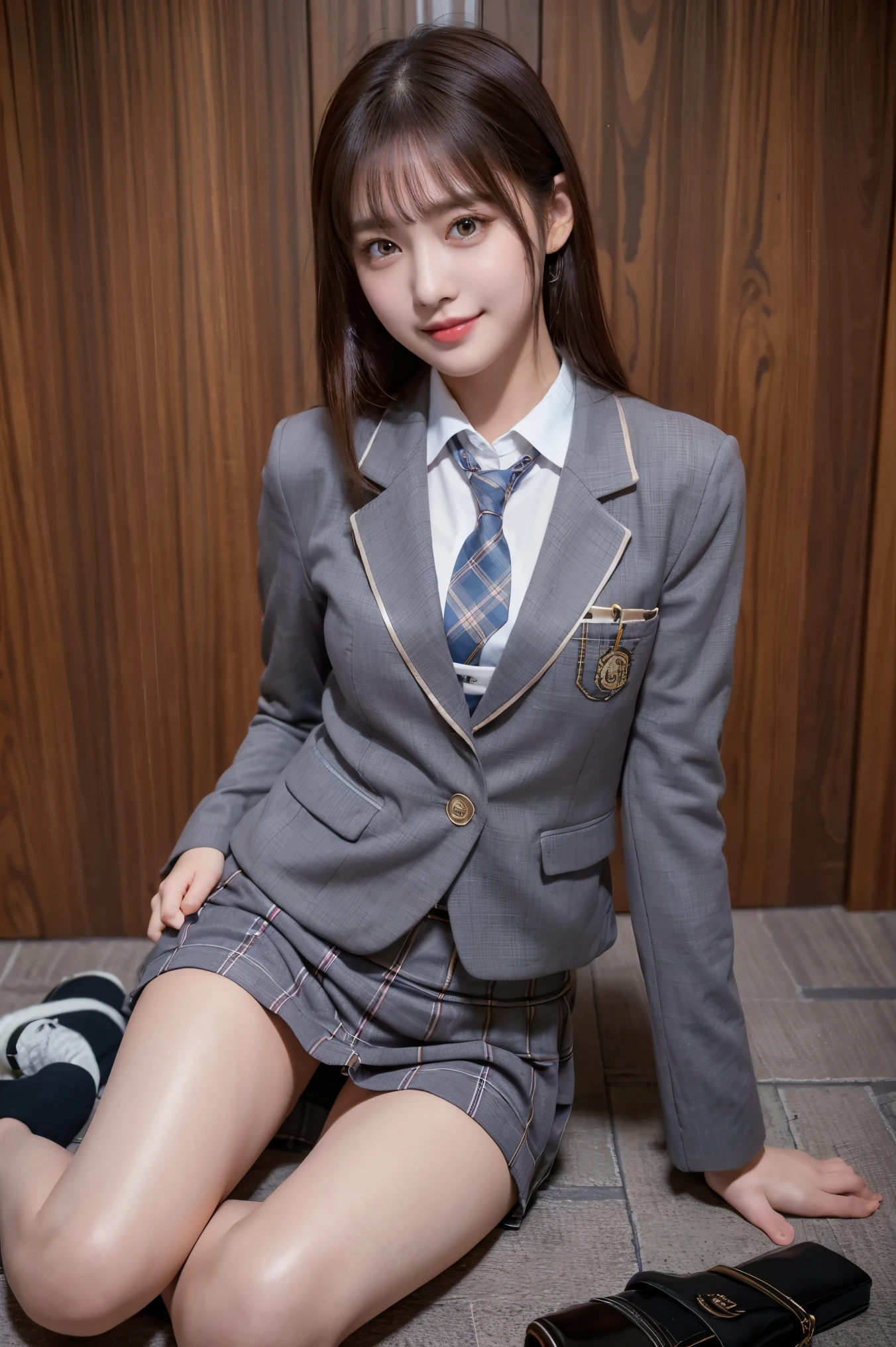 (8k), (highest quality: 1.2), (Realistic), (Realistic: 1.37), Ultra-high resolution, (1 girl), cute, blush,Embarrassed smile, Beautiful details, Beautiful Nose, straight Hair, Giant Dulcefo, pork, Thighs,Self Snap,University Uniforms,(A simple dark brown blazer:1.4),(Pleated skirt:1.2),(The skirt and tie are gray tartan check pattern.:1.3),(Sitting:1), Sit on the ground,(Hold my feet:1),(Shiny legs:1.2),from the front,knees