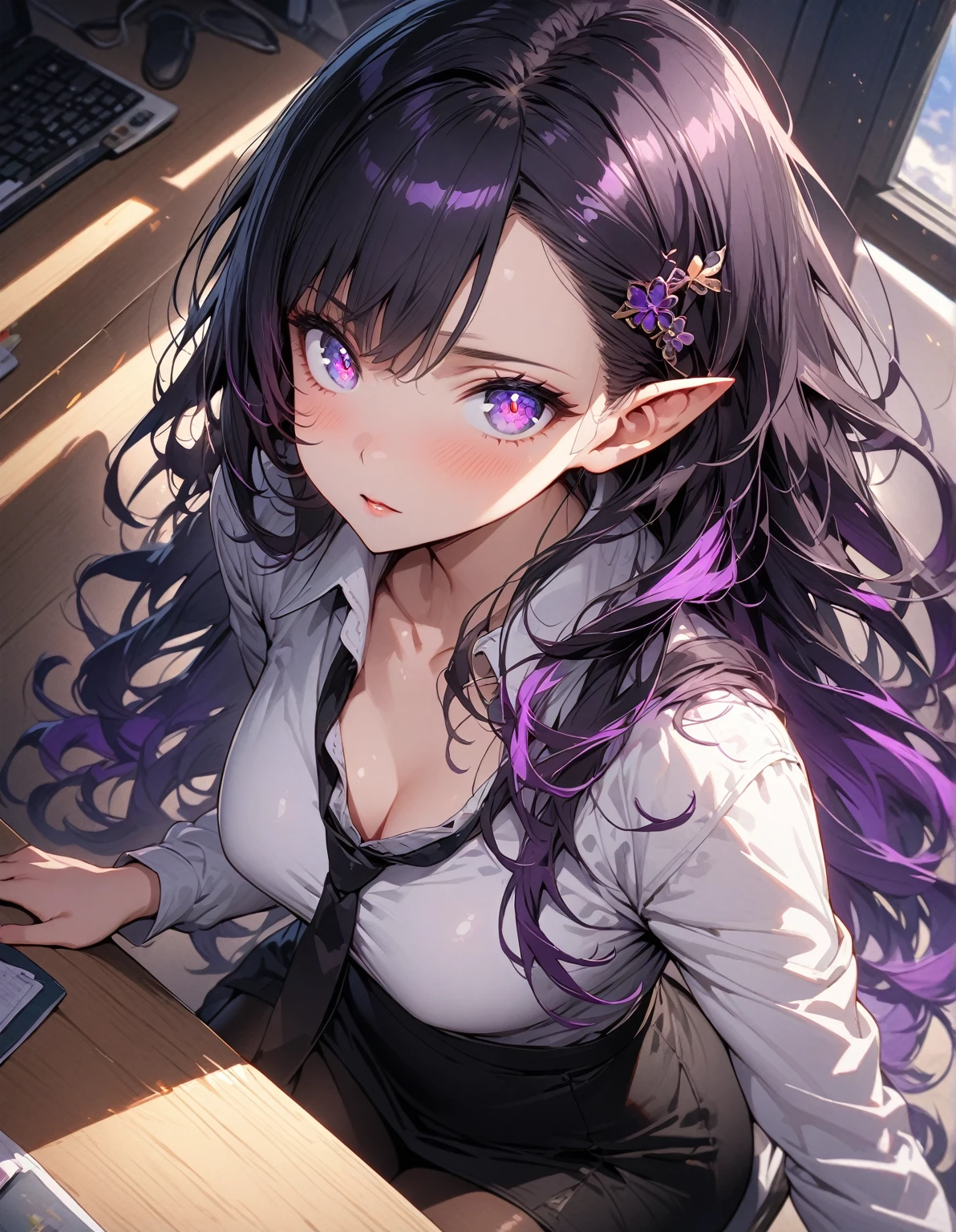 ((highest quality, masterpiece, ultra high definition, high resolution)), ((ultra-detailed illustrations:1.2)), 1 girl, solo, anime style, beautiful hair, parted bangs, loose hair, long hair, black hair, dark purple hair, multi colored hair, hair pin, beautiful detailed eyes, beautiful detailed pupils, violet eyes, looking at viewer, pointed ears, mid-chest, black tie, white shirt, collared shirt, long sleeves, black mini skirt, pantyhose, shiny skin, shiny, indoor, office