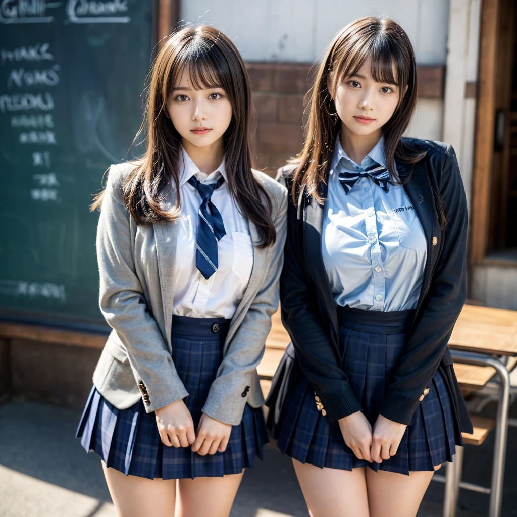 masterpiece, best quality, illustration, Super detailed, fine details, High resolution, 8K,wall paper, perfect dynamic composition,(Details High quality, realistic depiction of eyes:1.3), (2 girls, 2 schoolgirls:1.2), from side, High School Classroom、High school girl uniform、blazer 、Super Short Check Uniform Skirt、Navy blue high socks、garterbelts、Colossal tits、Disturbed uniform, short bob hair, black hair color, huge breasts, Big Natural Color Lip, bold sexy pose, (perfect body shape), crying a little、 Harajuku style、20 year old girl、 beautiful legs, hposing Gravure Idol, Voluptuous thighs
