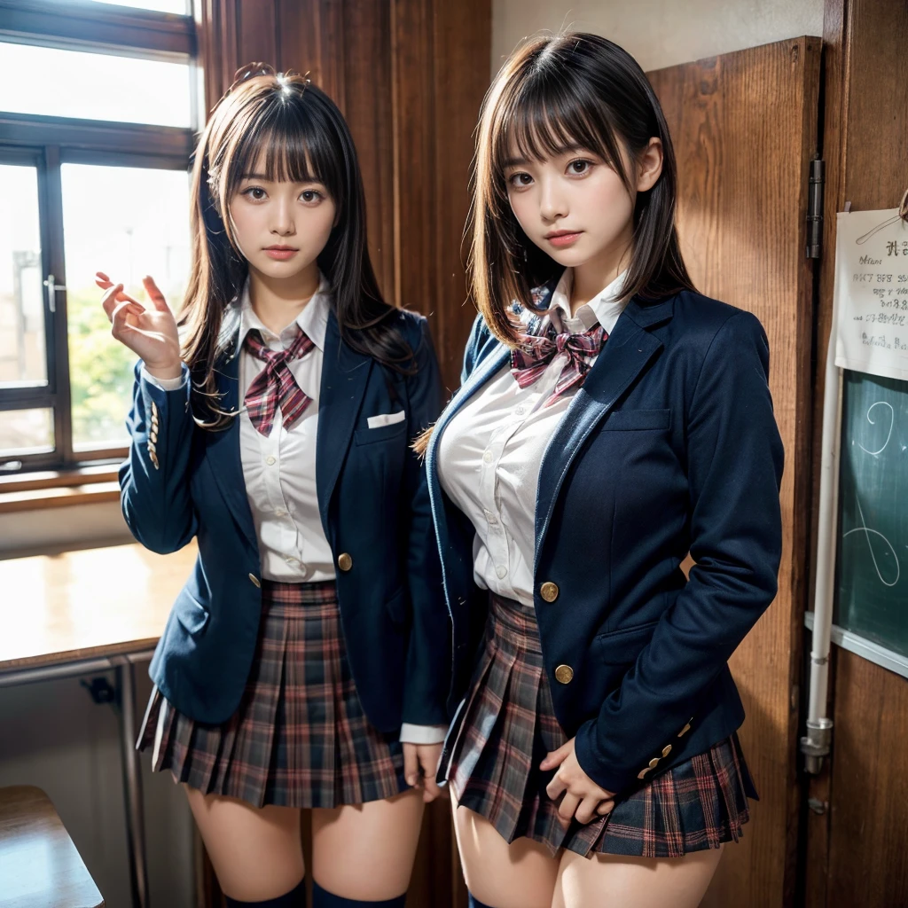 masterpiece, best quality, illustration, Super detailed, fine details, High resolution, 8K,wall paper, perfect dynamic composition,(Details High quality, realistic depiction of eyes:1.3), (2 girls, 2 schoolgirls:1.2), from side, High School Classroom、High school girl uniform、blazer 、Super Short Check Uniform Skirt、Navy blue high socks、garterbelts、Colossal tits、Disturbed uniform, short bob hair, black hair color, huge breasts, Big Natural Color Lip, bold sexy pose, (perfect body shape), crying a little、 Harajuku style、20 year old girl、 beautiful legs, hposing Gravure Idol, Voluptuous thighs