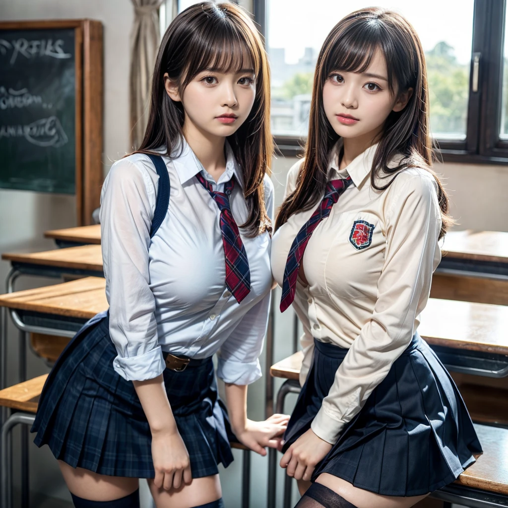 masterpiece, best quality, illustration, Super detailed, fine details, High resolution, 8K,wall paper, perfect dynamic composition,(Details High quality, realistic depiction of eyes:1.3), (2 girls, 2 schoolgirls:1.2), from side, High School Classroom、High school girl uniform、blazer 、Super Short Check Uniform Skirt、Navy blue high socks、garterbelts、Colossal tits、Disturbed uniform,  short bob hair, black hair color, huge breasts, Big Natural Color Lip, bold sexy pose, (perfect body shape), crying a little、 Harajuku style、20 year old girl、 beautiful legs, hposing Gravure Idol, Voluptuous thighs