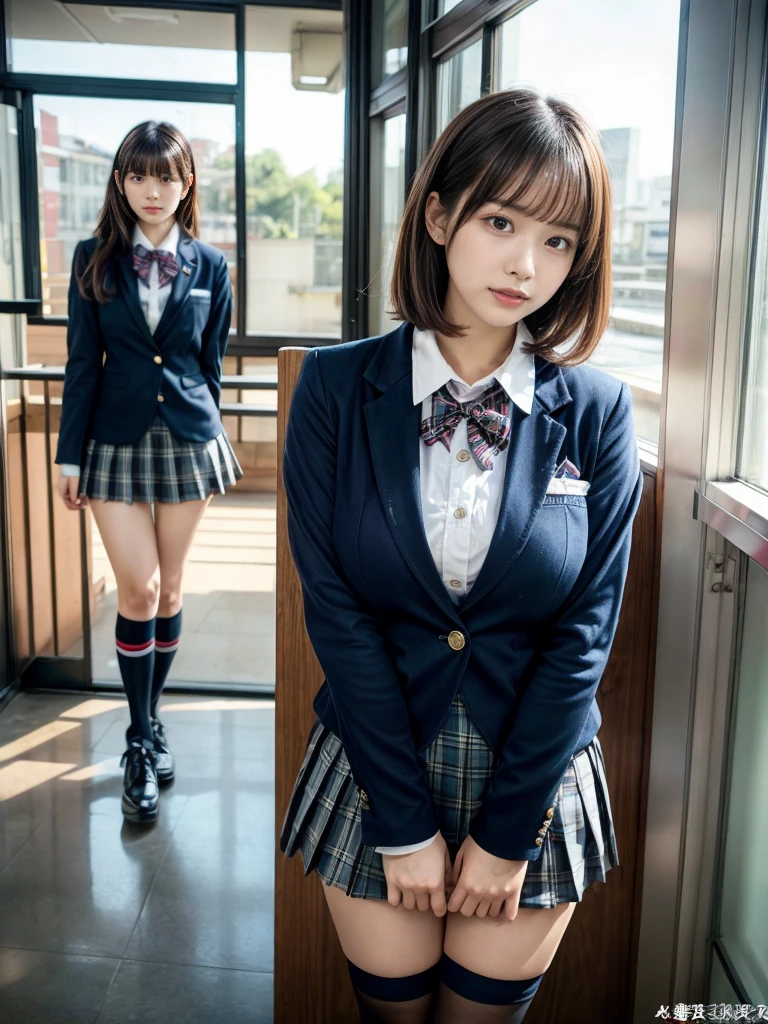 masterpiece, best quality, illustration, Super detailed, fine details, High resolution, 8K,wall paper, perfect dynamic composition,(Details High quality, realistic depiction of eyes:1.3), (2 girls, 2 schoolgirls:1.2), from side, High School Classroom、High school girl uniform、blazer 、Super Short Check Uniform Skirt、Navy blue high socks、garterbelts、Colossal tits、Disturbed uniform,  short bob hair, black hair color, huge breasts, Big Natural Color Lip, bold sexy pose, (perfect body shape), crying a little、 Harajuku style、20 year old girl、 beautiful legs, hposing Gravure Idol, Voluptuous thighs