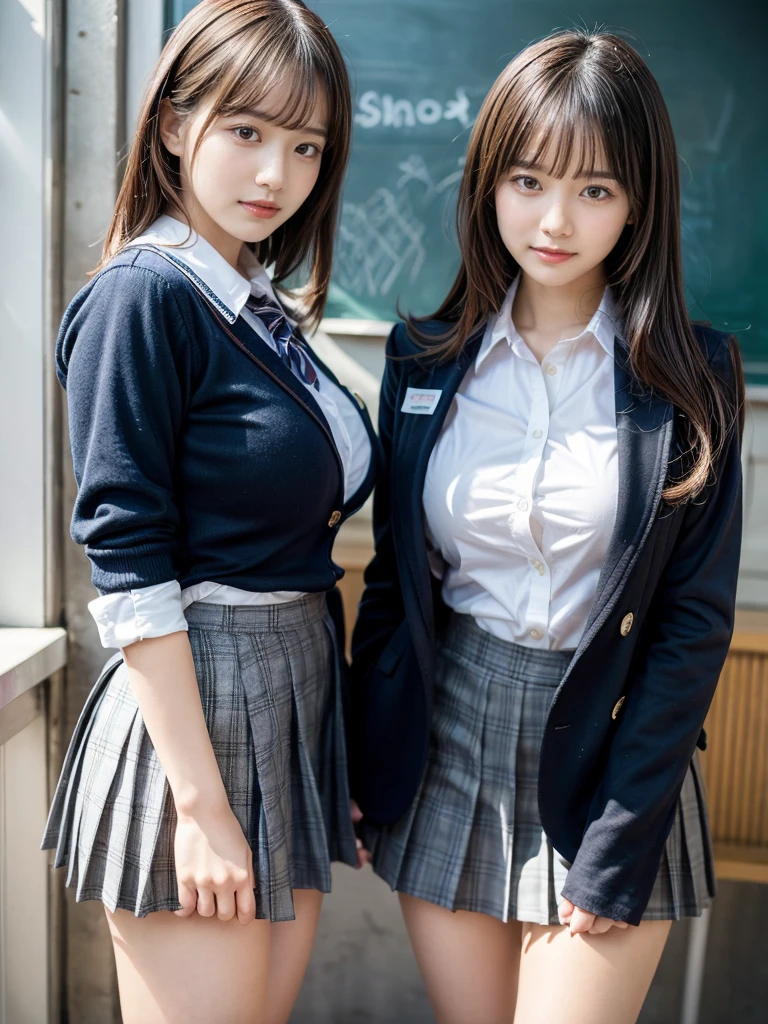 masterpiece, best quality, illustration, Super detailed, fine details, High resolution, 8K,wall paper, perfect dynamic composition,(Details High quality, realistic depiction of eyes:1.3), (2 girls, 2 schoolgirls:1.2), from side, High School Classroom、High school girl uniform、blazer 、Super Short Check Uniform Skirt、Navy blue high socks、garterbelts、Colossal tits、Disturbed uniform, short bob hair, black hair color, huge breasts, Big Natural Color Lip, bold sexy pose, (perfect body shape), crying a little、 Harajuku style、20 year old girl、 beautiful legs, hposing Gravure Idol, Voluptuous thighs