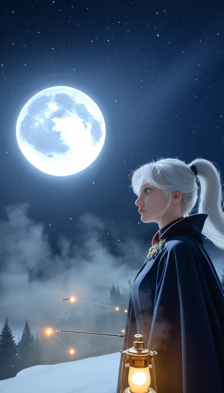masterpiece, (best quality: 1.2), (Ultra-fine: 1.2), illustration, (extremely delicate and beautiful: 1.2), Film Angle, floating, (Beautiful eye for detail: 1.1), (Detail Light: 1.1), lamp, Exquisite sky, Miss, white hair, blue eyes, (High Ponytail: 1.1), cloak, Glowing eyes, (moon: 1.2), (moonlight: 1.1), Starry Sky, (Light Particles: 1.1), FOG , Snow Painting, sketch, bloom