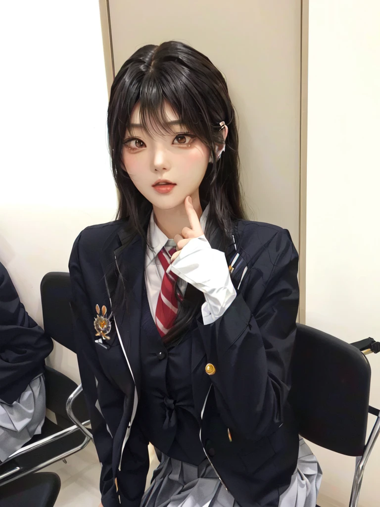 there is a woman sitting in a chair with a tie on, seifuku, chiho, shikamimi, tzuyu from twice, jk uniform, with index finger, jaeyeon nam, shiori teshirogi, sui ishida with black hair, kimi takemura, yuuka kazami, junko enoshima, korean idol