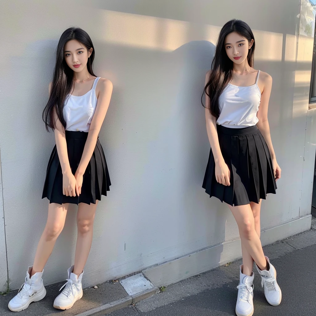 (Oversized T-shirt with excess fabric when tucked into a skirt), (Skirt full thigh), (knee-length outfit), (hair curled on both sides), (center shoes shot), ((full-body standing image)), (cover knee), (white t shirt), (Scottish pleated skirt), (bare shoulders), (bare arms), twinsies、The ultra-detailliert, (white t shirt), (cotton spaghetti-strap top), (cotton spaghetti-strap top), (cotton spaghetti-strap top), (cotton spaghetti-strap top), (long skirt), (A hem full flared skirt), (Hem full flared dress), (a girl pretty girl with perfect figure), (a photo of the night sky), (32K,1 20-year-old girl, The light from the rear room is backlit, Ray traching), (full body), (two-parted hair), (very thick hair), (Slender chest), (short upper chest), (pectoral muscles are large), (upper breasts are firm and round), (stand upright), (two shoe ends), (two shoe toes) ,(put on blush), (apply powder), (makeup), (standing), (asian girl princess), (Black non-reflective fabric for making skirt), (dark skirt), (thick thighs), (large calves), (large knees), (one-piece skirt), (seamless skirt), (long shins) , (big shins), (A hem full flared skirt), (Hem full flared dress), (A hem full flared skirt), (thighs meets knee), (black skirt), (black skirt), (black skirt), (black skirt), (knee gap), (knee gap), (knee gap), (Expose cleavage :1.3), (Scottish pleated midi skirt) (Super fine face and eyes), (Highly detailed face and skin texture, Detailed eyes, Double eyelid), (stading shot), (stading shot), , (Scottish pleated midi skirt), (Scottish pleated midi skirt), (knee-length outfit), (knee-length outfit), (knee-length outfit), (knee-length outfit), (Skirt full thigh), (Skirt full thigh), , (white sneakers), (a pair of white leather boots, highly detailed boots)
