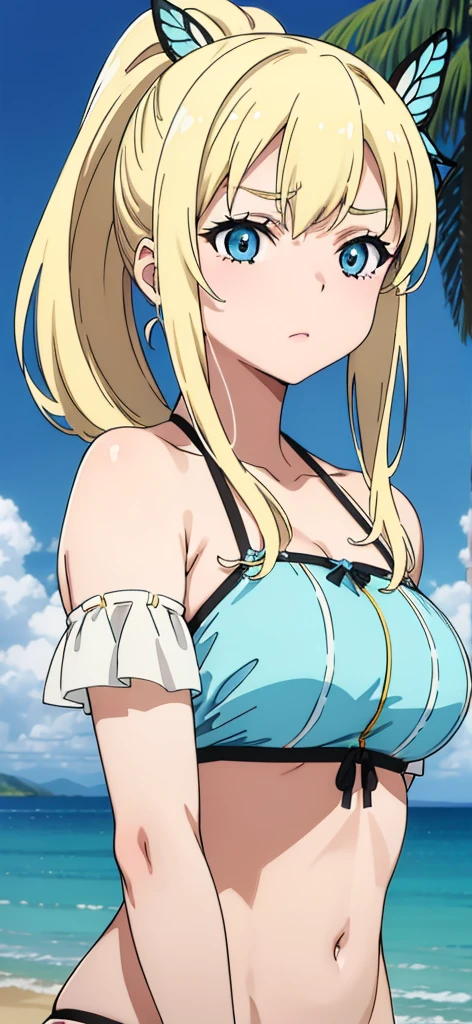 Seina Kashiwazaki, 1girl in, a blond, ponytail, butterfly hair ornament, (medium breast), Light blue micro bikini, (upper body:1.5), sand beach