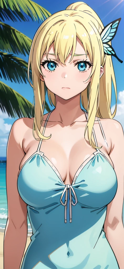Seina Kashiwazaki, 1girl in, a blond, ponytail, butterfly hair ornament, (medium breast), Light blue micro bikini, (upper body:1.5), sand beach