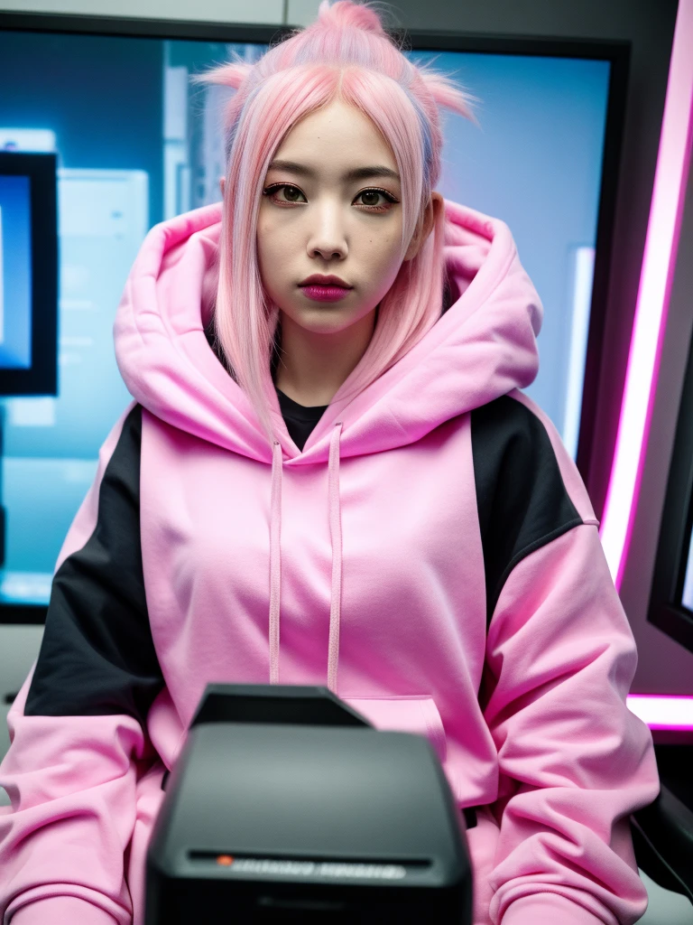 masterpiece, best quality,1girl,upper body,
arafed woman with pink hair sitting in a chair in front of a tv, ava max, gamer aesthetic, e-girl, e - girl, thicc, pink vibe, wearing a pastel pink hoodie, with pink hair, cyberpunk vibes, wearing a pink hoodie, cyber punk setting, pink girl, in cyberpunk style, muted cyberpunk style, alexa grace