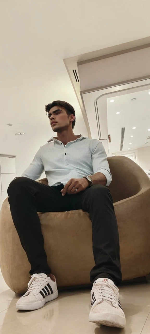 A masculine handsome boy with medium hair, sharp jawline and chad face. The image quality should be 4k. Eye colour should be brown.