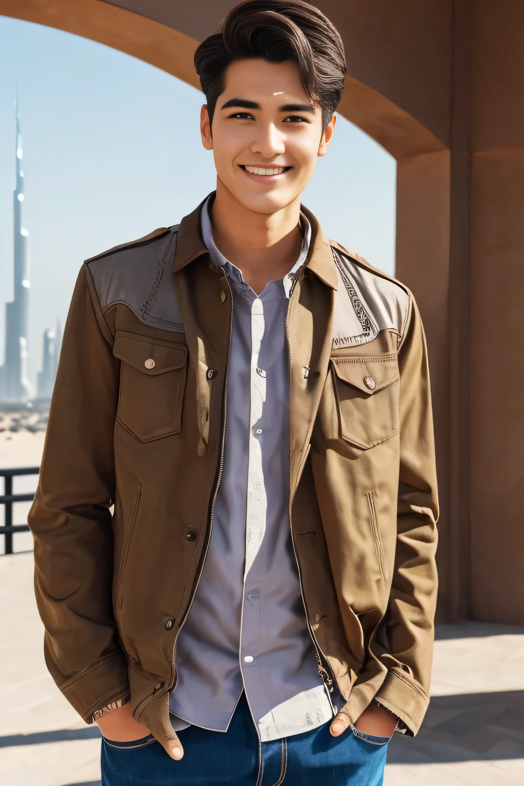 Age 25々Cool guy、What it's like to be a model、Chic and casual clothing、Delicate face、good looking、The hair color is brown、Brown eyes、Daytime on a sunny day、Cool standing figure、The scenery in the background is a cityscape、Live-action shooting style、High quality 8K、Bright smile、Like a model、Dubai&#39;s gorgeous cityscape、