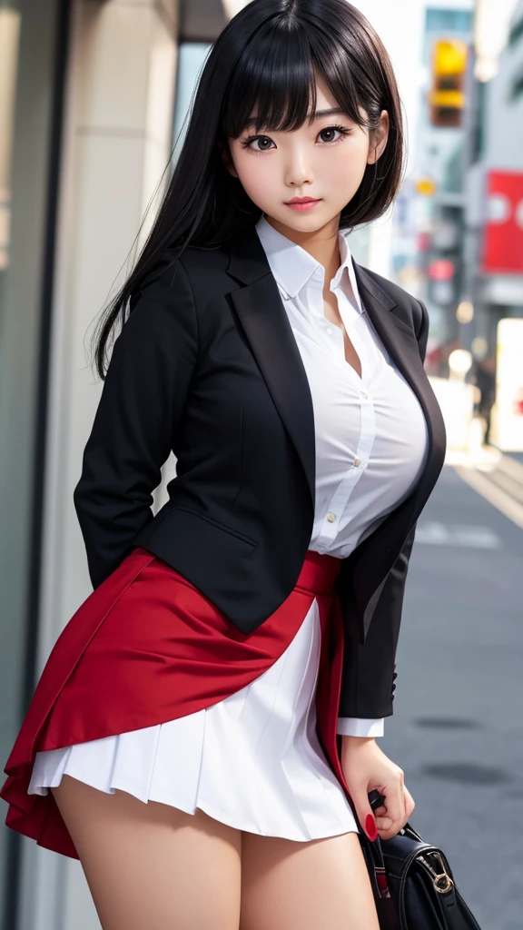Detailed face、highlight、Asian Girl、thigh、breast enhancement、black髪、Heavy bangs、skirt、blazer、red、black、white