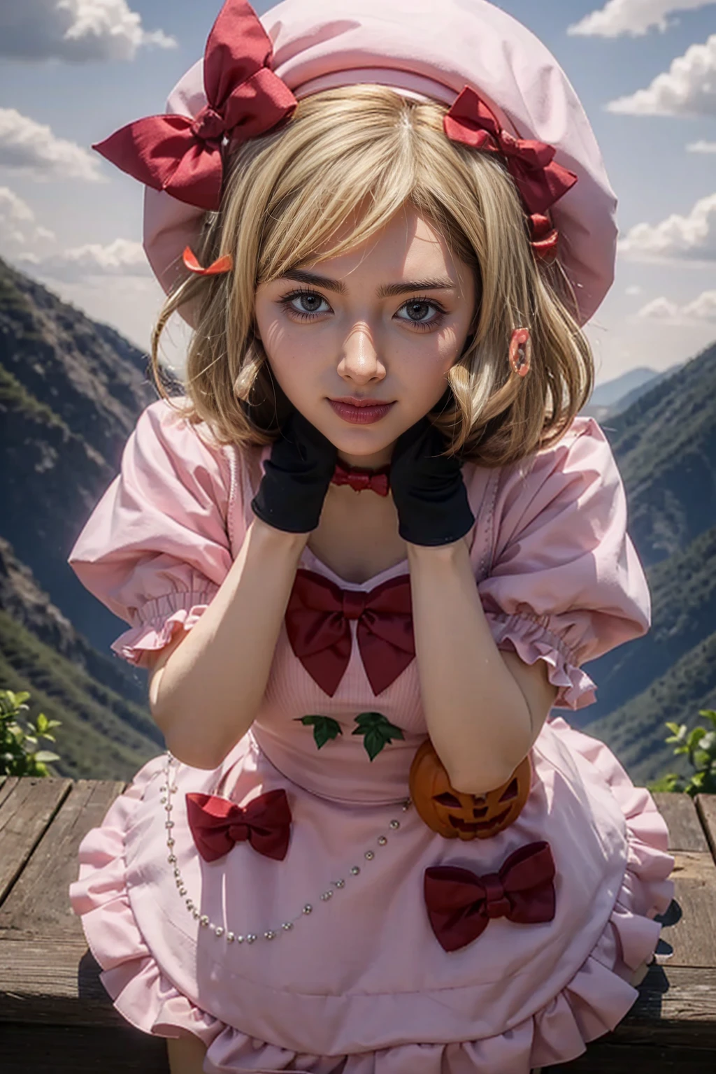(masterpiece),(best quality), lambdadelta ,dress, striped stockings, red bow, pink hat, necklace, gloves, pearl, pumpkin brooch, crazy face, upper body, persistent stare, mountains, forest, looking at the viewer, red sky, yandere trance, yandere, hands on own face,hands on own cheeks, blank eyes, blush, large smile, (yandere smile)