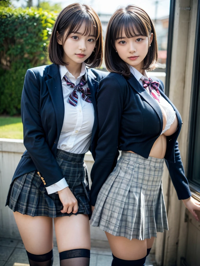 masterpiece, best quality, illustration, Super detailed, fine details, High resolution, 8K,wall paper, perfect dynamic composition,(Details High quality, realistic depiction of eyes:1.3), (2 girls, 2 schoolgirls:1.2), from side, High School Classroom、High school girl uniform、blazer 、Super Short Check Uniform Skirt、Navy blue high socks、garterbelts、Colossal tits、Disturbed uniform, short bob hair, black hair color, huge breasts, Big Natural Color Lip, bold sexy pose, (perfect body shape), crying a little、 Harajuku style、20 year old girl、 beautiful legs, hposing Gravure Idol, Voluptuous thighs