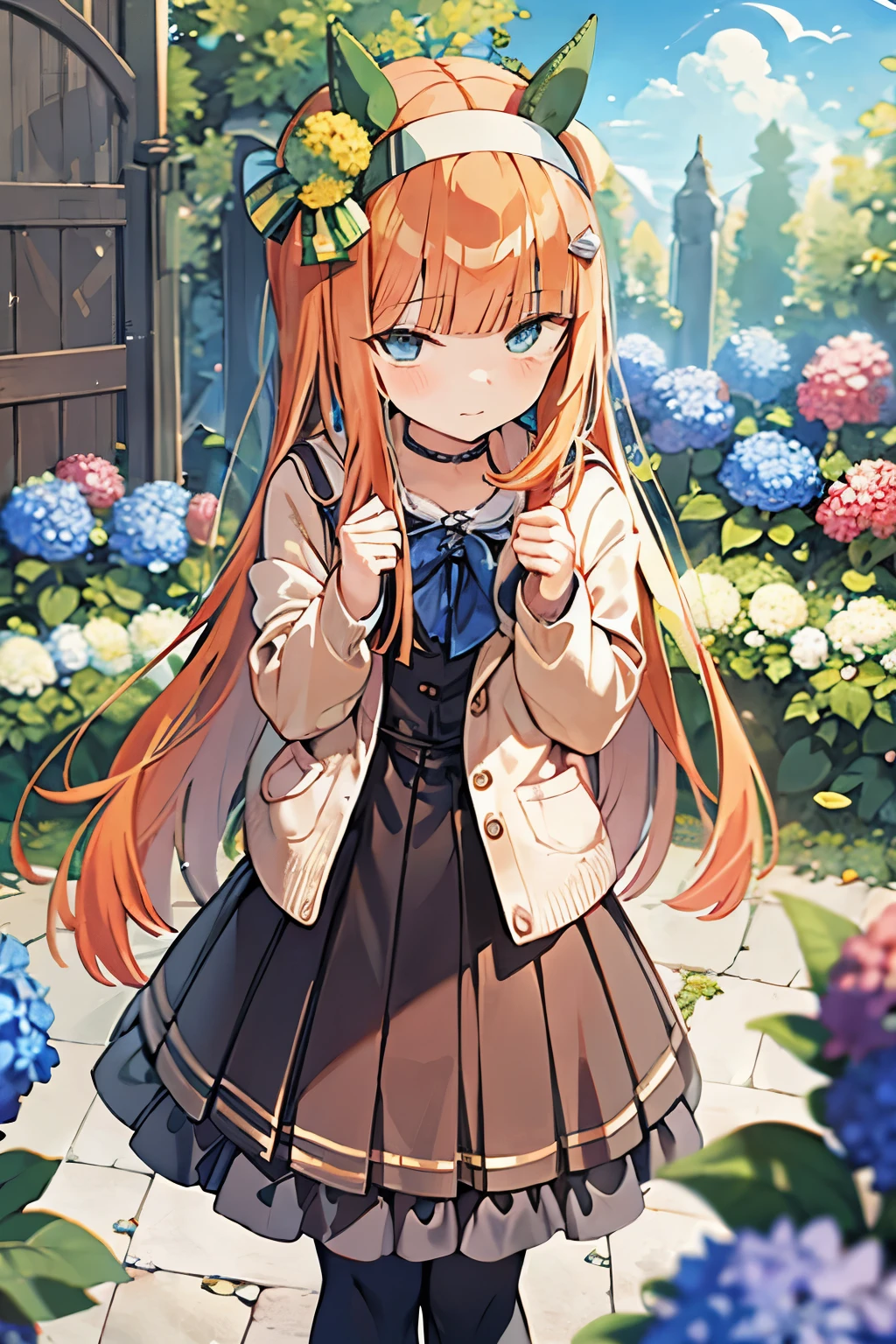 absurdres, absolutely resolution, incredibly absurdres, highres, ultra detailed, official art, unity 8k wallpaper,
BREAK
1 girl, soro, twintails, long hair, blonde hair, blue eyes, bow, beige cardigan, plaid skirt, over black legwear, loafers,
BREAK
(hydrangea:1.2), too many hydrangea, flower bed, outdoors,
BREAK