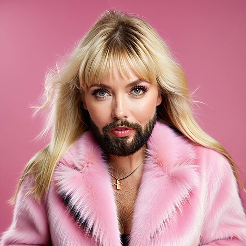 shaggy bearded woman hairy all over, blond hair, pink fur coat