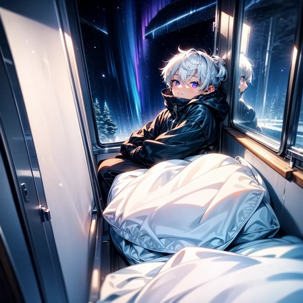 night, aurora borealis outside window, male , 16-year-old boy, boy with white hair and purple eyes at night, winter interior, snowing outside window, downcast expression, depressed scene, cold colors, landscape image, 4k, (masterpiece:1), with white colored hair and shiny, High resolution, masterpiece, best quality, high quality, Highly detailed,