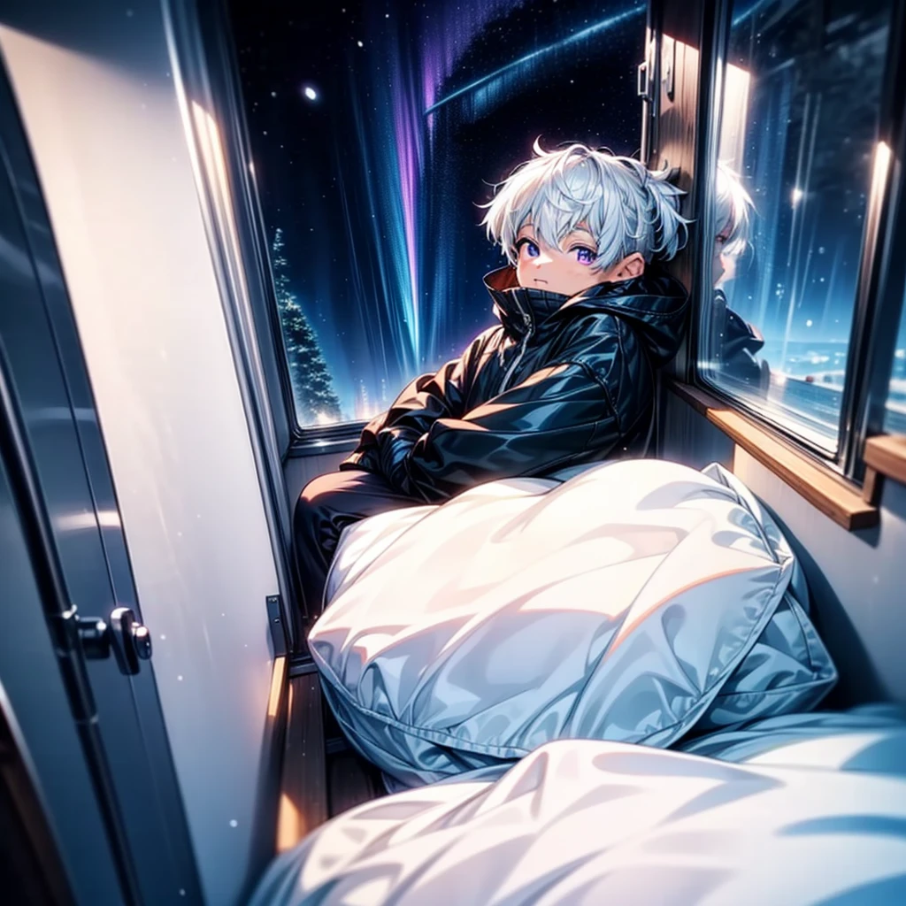 night, aurora borealis outside window, male , 16-year-old boy, boy with white hair and purple eyes at night, winter interior, snowing outside window, downcast expression, depressed scene, cold colors, landscape image, 4k, (masterpiece:1), with white colored hair and shiny, High resolution, masterpiece, best quality, high quality, Highly detailed, 