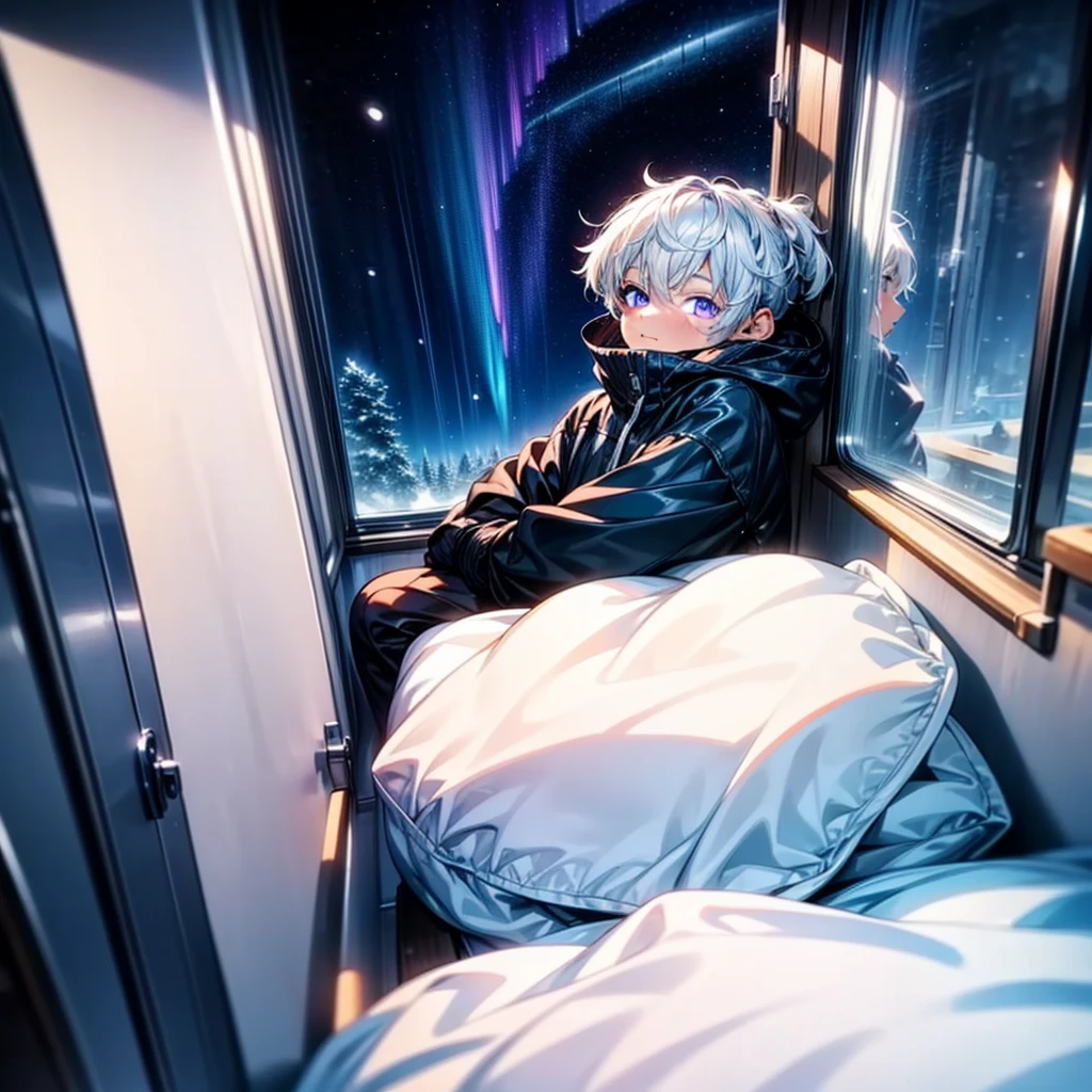 night, aurora borealis outside window, male , 16-year-old boy, boy with white hair and purple eyes at night, winter interior, snowing outside window, downcast expression, depressed scene, cold colors, landscape image, 4k, (masterpiece:1), with white colored hair and shiny, High resolution, masterpiece, best quality, high quality, Highly detailed,
