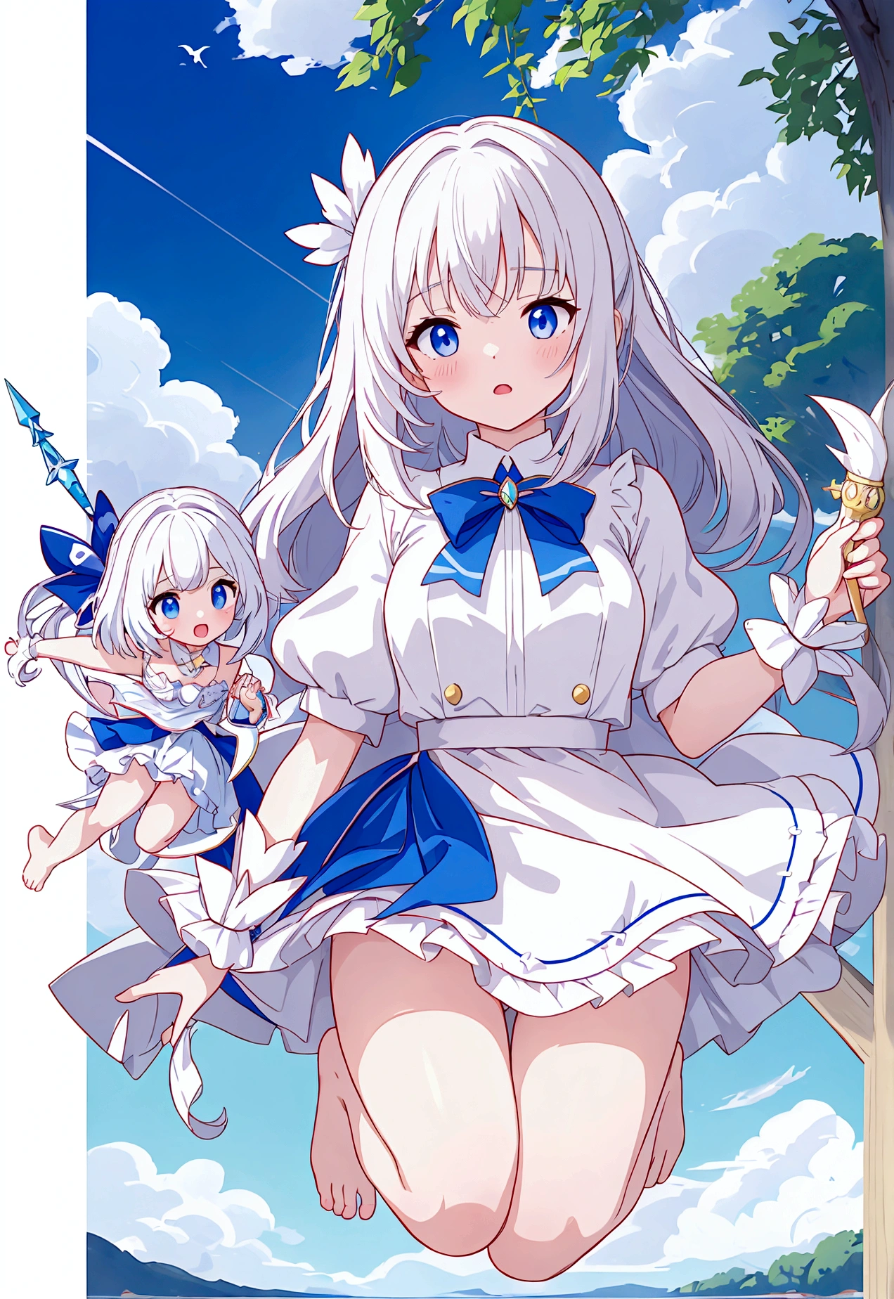 Plain white with emphasis on the chestTshirt、You can see the chest from the neck、Ultramarine and white striped mini skirt、When you lift up her skirt you can see her cute white frilly underwear.、barefoot、library、Three girls of different heights Magical girl with magic wand、Wind and water magic