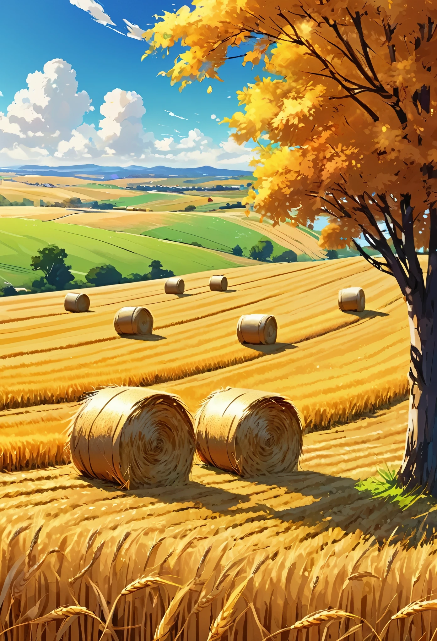 画中On a farm,Hay bales in the field,On a sunny day, on the vast wheat fields, On a farm, Cool autumn weather,in field high resolution, A beautiful artistic illustration, number, Anime illustration style,The shades are bright,