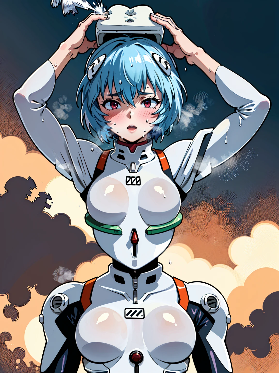 ((highest quality, 8k wallpaper)),(masterpiece, highest quality),Very detailed,High resolution,(Official Art:1.3),(((Anime screenshots,Black outline))),One girl,alone, Break mer1,(Rei Ayanami {Neon Genesis Evangelion,}1.2),masterpiece, best quality, outdoor, 1girl, Solo,red eyes,short hair,blue hair, (White plug suit:1.4), skin tight,(Tired look, A look of regret, Struggled, Half-closed eyes, fear, humiliation, Frightened, anxiety:1.3),(((Covered in sweat, Mass sweat, Sweating profusely,steam:1.7))), (wariza, hanging arms, tied arms on the head, Look Up, Arched back, Leaning back:1.8), (Dirty Costume with mud,gym storeroom:1.5)(((sweat,sweatdrop,flying sweatdrops, sweating profusely,wet,wet clothes,wet hair,messy hair))),(upper body:1.6),
