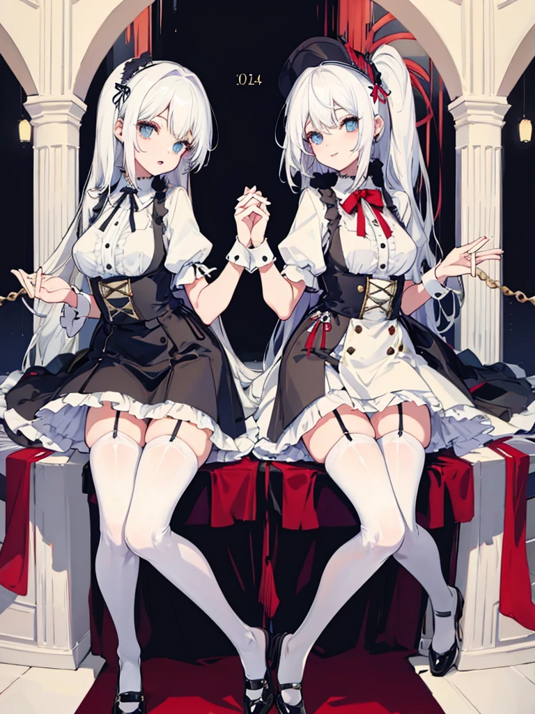Two girls, red eyes and beige hair, blue eyes and white hair, twin tails, long hair, monochrome gothic fashion, white background, lying down