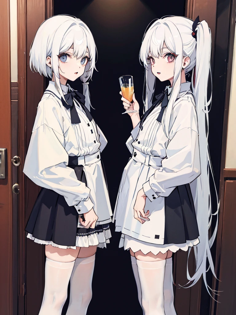 ,twins,white hair,stockings,mature female,